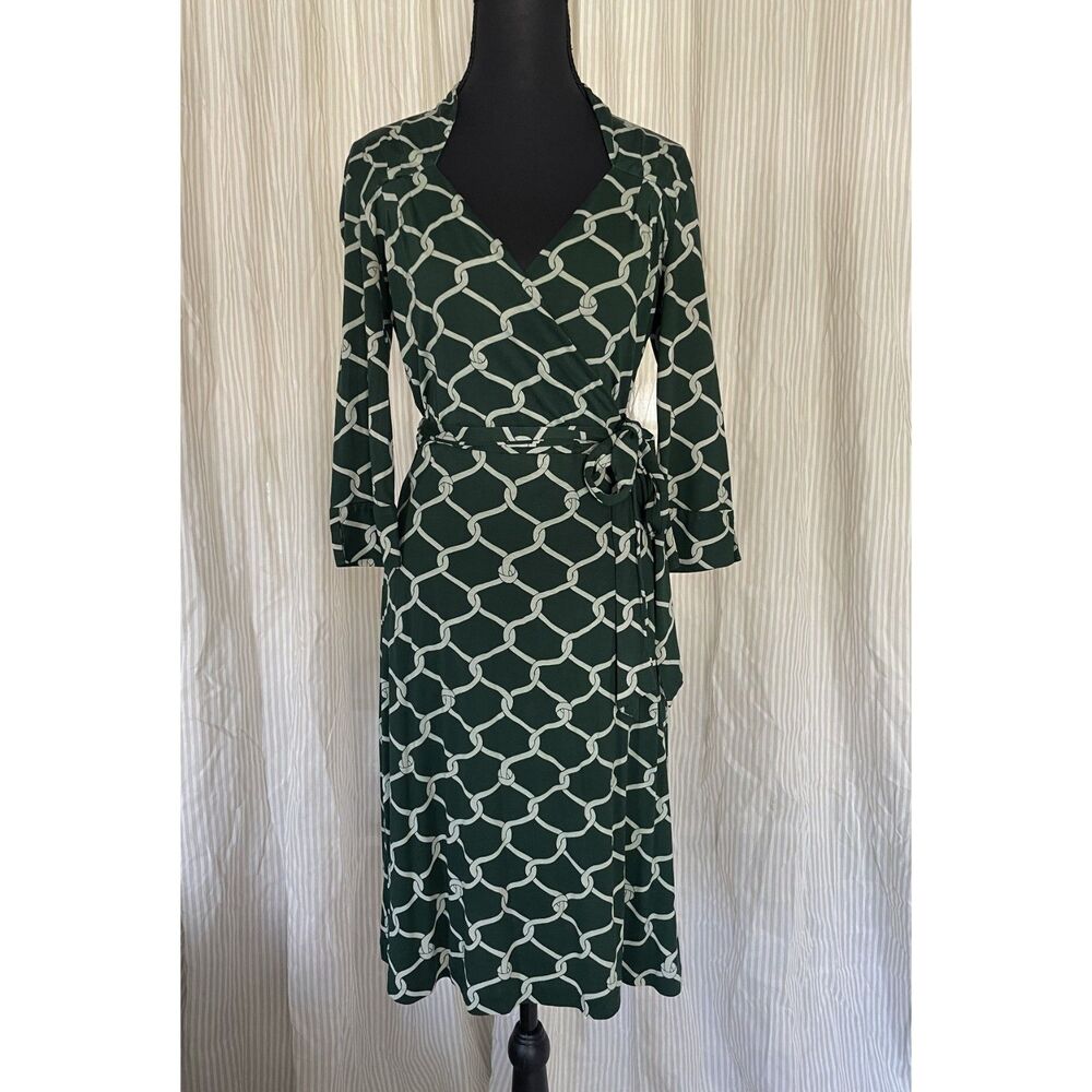 Banana Republic Womens Wrap Dress S Green Silk Wool Chain Print Midi